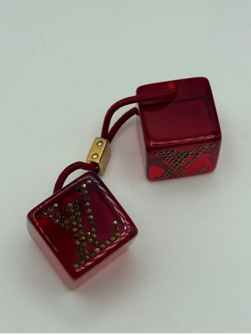 Louis Vuitton Red Logo Cube Hair Tie with Gold Accents - Picture 4 of 10
